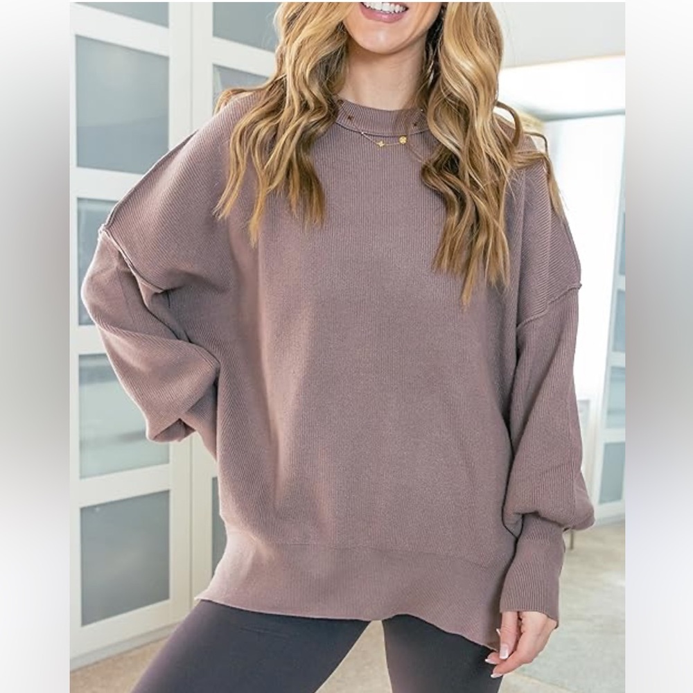 Taupe Crew Neck Exposed Seam Split Hem Oversized Tunic Sweater New